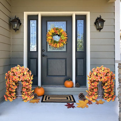 HyeFlora Artificial Fake Fall Hanging Flowers Plants for Outdoor Decor, 2PCS Faux Silk Fall Morning Glory Trailing Vines UV Resistant Look Real for Autumn Home Planter Porch Patio (Orange+Yellow)