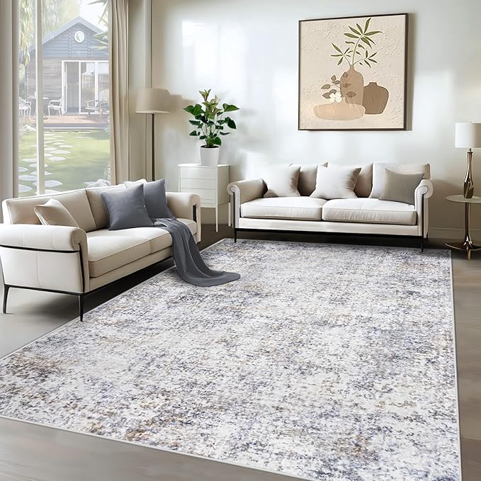 6x9 Area Rugs for Living Room, Washable Modern Abstract Large Rug Neutral Soft Non Slip Kids Rug Stain Resistant Indoor Carpet for Bedroom Nursery Playroom Dining Room Home Office(Blue Grey, 6'x9')
