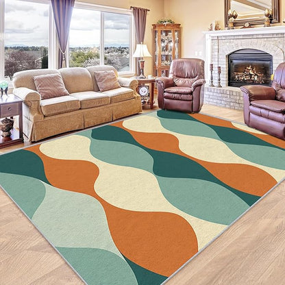 Mid Century Rug Orange - Mid Century Contemporary Area Rug, 4x5 Rug, Abstract Colorful Geometric Rug & Home Decor, Retro Wave Carpet & Room Decor, Washable Non Slip Anti Skid Rugs