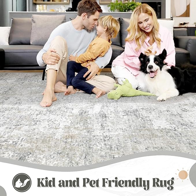 6x9 Area Rugs for Living Room, Washable Modern Abstract Large Rug Neutral Soft Non Slip Kids Rug Stain Resistant Indoor Carpet for Bedroom Nursery Dining Room Playroom Home Office(Beige Grey, 6'x9')