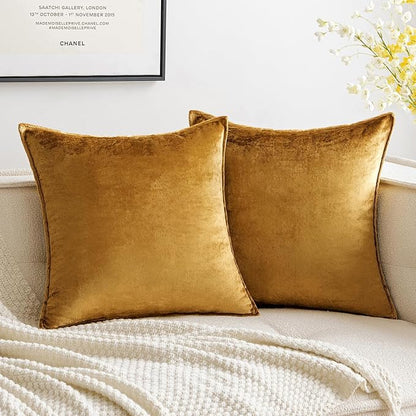 MIULEE Fall Pack of 2 Dark Gold Decorative Velvet Throw Pillow Cover Soft Pillowcase Solid Square Eruo Sham Cushion Case for Sofa Bedroom Car 24x24 Inch 60x60 Cm