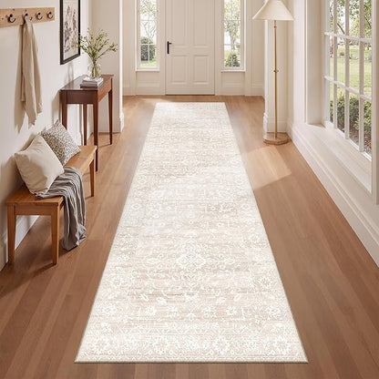 Washable Runner Rug, 2.5'x8' Runners Vintage Kitchen Non-Slip Foldable Hallway Runner Rug for Entryway, Laundry, Bedroom, Beige