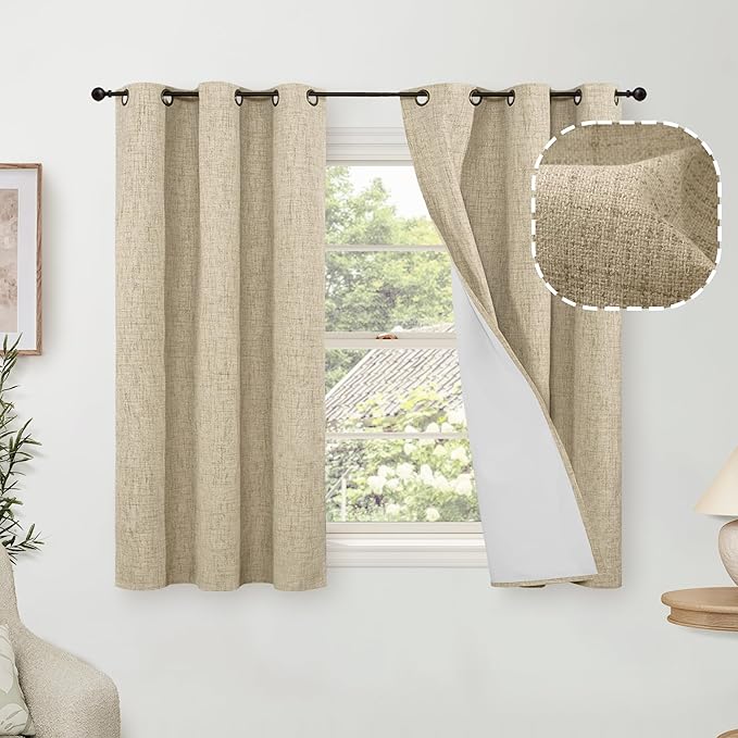 Lajode 45 Inch Length Linen Blackout Curtains for Short Cafe Window, Thermal Insulated Light Blocking Soundproof Privacy Burlap Curtains 2 Panels, Each 38 Inch Wide Burlap