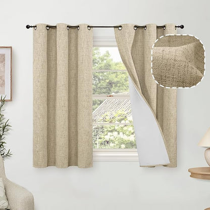 Lajode 45 Inch Length Linen Blackout Curtains for Short Cafe Window, Thermal Insulated Light Blocking Soundproof Privacy Burlap Curtains 2 Panels, Each 38 Inch Wide Burlap