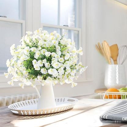 Artificial Flowers for Outdoors 12 Bundles Realistic Faux Plants UV Resistant Fake Silk Morning Glory with Eucalyptus for Front Door Planter Patio Porch Outside Spring Summer Decoration (White)