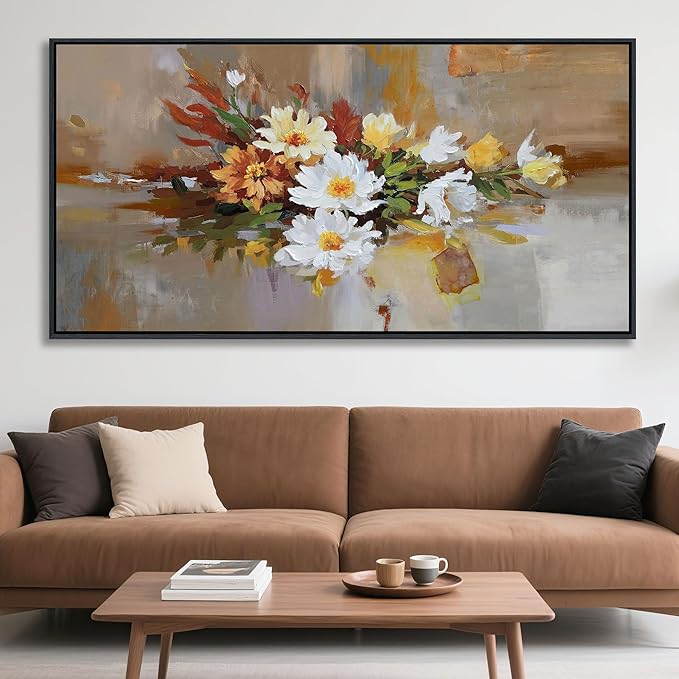 Yellow Floral Wall Art - Large Abstract Wall Art Canvas for Bedroom and Living Room - Framed Pictures for Living Room Wall Decor - Modern Artwork for Bedroom Above Bed 29×58IN