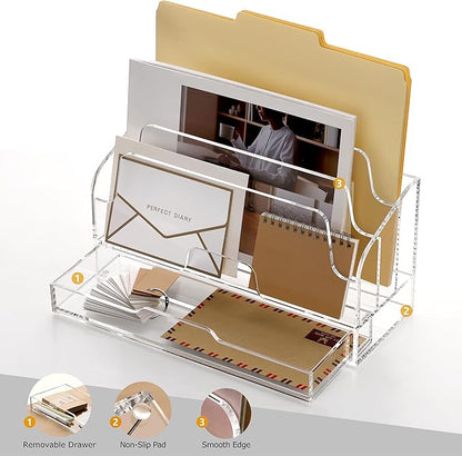 SANRUI Clear Desk Organizer Holder with Drawers, Acrylic Desktop Manila folders File Mail Sorter Box, Office Desk Accessories & Workspace Envelope Bill Letter Organization Racks, 3 Compartments