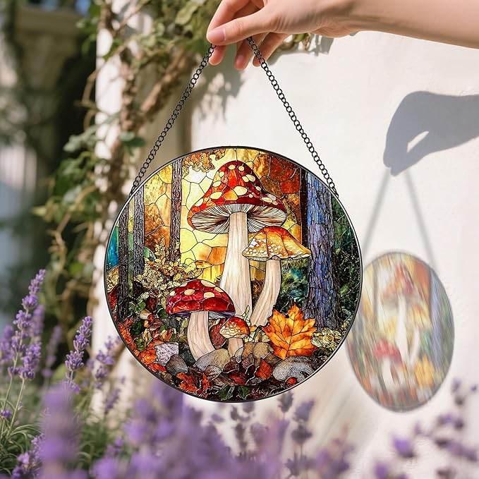 8-Inch Mushroom Suncatcher Ornament: Stained Glass Window Hanging & Decor, Sun Catchers Indoor Window — Gifts for Christmas & Holidays, Ideal Gifts for Nature and Mushroom Lovers, Gift Idea