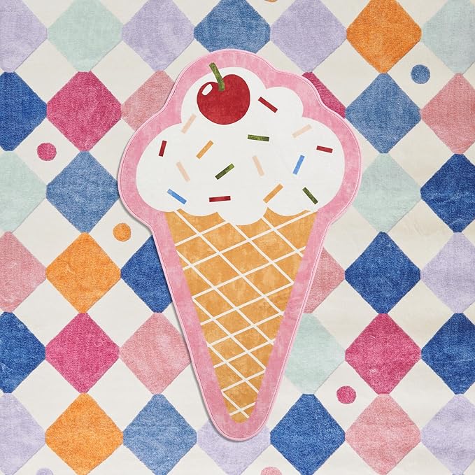 jinchan Cute Fun Rug Ice Cream Shaped Playroom Mat Washable Pastel Cone Cool Rug Soft Funny Mat Non Slip Unique Doormat Lightweight Anime Funky Gift for Girls Kids Dorm Bedroom, 30''x48''