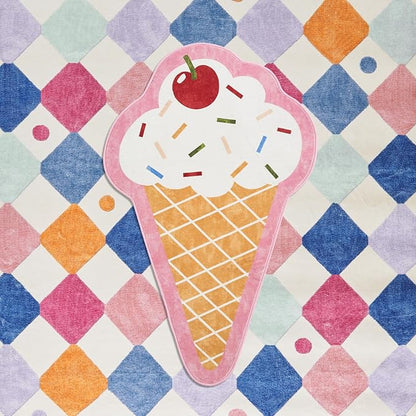 jinchan Cute Fun Rug Ice Cream Shaped Playroom Mat Washable Pastel Cone Cool Rug Soft Funny Mat Non Slip Unique Doormat Lightweight Anime Funky Gift for Girls Kids Dorm Bedroom, 30''x48''