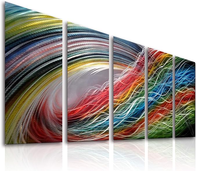 Panel Metal Wall Art with Colorful Wave Lines Design, Abstract Modern and Contemporary Décor, Unique Metal Wall Sculpture, Silver Aluminum Artwork, Indoor and Outdoor decoration, 5 panels 64"x24"