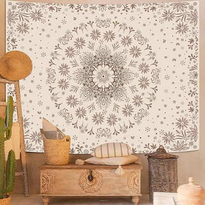 Fowocu Boho Floral Mandala Tapestry Wall Hanging Bohemian Flower Medallion Tapestry Aesthetic Beige Brown Hippie Indian Small Tapestries for Bedroom Living Room Dorm Decor 80 x 60 Inch