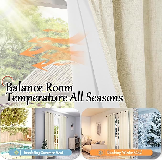 Lajode Cream 100% Blackout Curtains for Bedroom 63 Inch Length 2 Panels, Thermal Insulated Complete Light Blocking Noise Reducing Linen Window Curtains for Nursery, Bronze Grommet, Each 52" Wide