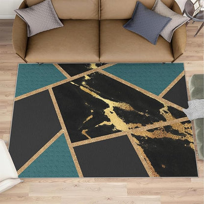 Black Gold Marble Area Rugs Emerald Green Abstract Marble Carpet Medieval Geometry Area Rug Indoor Non-Slip Carpet Golden Geometric Lines Rugs for Bedroom 5x6ft