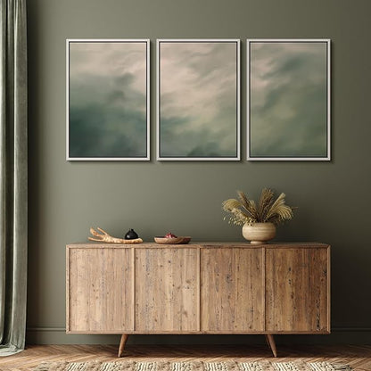 MUDECOR Framed Wall Art Print Set Soft Green Cloudscape Tranquil Abstract Nature Illustrations Modern Art Boho Decorative Colorful Chic for Living Room, Bedroom, Office - 24"x36"x3 White