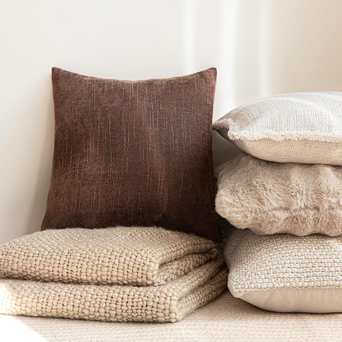 Foindtower Pack of 2 Textured Chenille Throw Decorative Pillow Covers Square Accent Solid Cushion Cover Neutral Farmhouse Lumbar Pillow Case for Couch Sofa Bedroom Living Room 12x24 Inch,Red Brown
