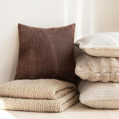 Foindtower Pack of 2 Soft Textured Chenille Throw Decorative Pillow Covers Square Accent Solid Cushion Cover Cozy Neutral Farmhouse Pillow Case for Couch Sofa Bedroom Living Room 24x24 Inch,Red Brown