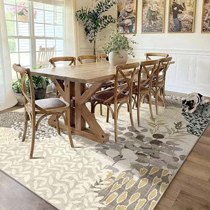 DEXDE Large Area Rugs 9x12 for Living Room, Floral Washable Rug Boho Print Vintage Low Pile Non Slip Carpet for Bedroom Kids Room Nursery Office Dinning Room, Gray