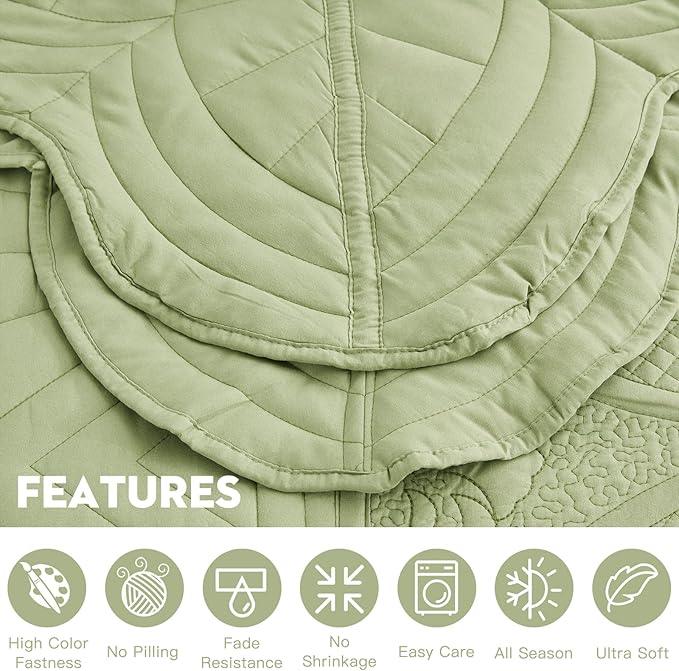 Bedspread - Full Size Bedding Cover - Modern & Contemporary Coverlet Set, Real Stitching, Reversible, Lightweight, 5 Piece, Sage Green