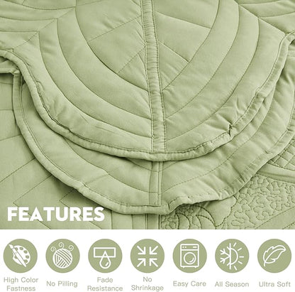 Oversized Bedspread - King Size Bedding Cover - Modern & Contemporary Coverlet Set, Real Stitching, Reversible, Lightweight, 5 Piece, Sage Green