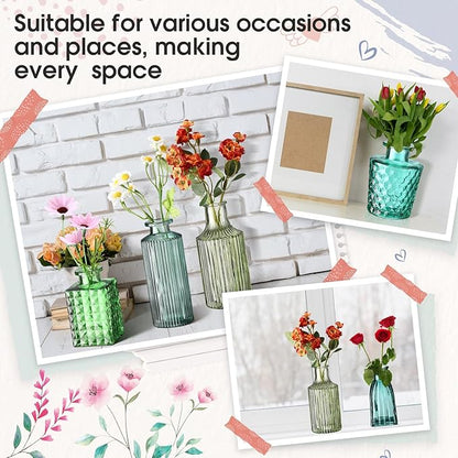 Yaomiao 30 Pcs Vases Bulk Colored Flower Glass Christmas Vases Bud Vintage Colored Glass Bottles Colorful Rustic Embossed for Home Wedding Table Decorations Gifts(Green Series)