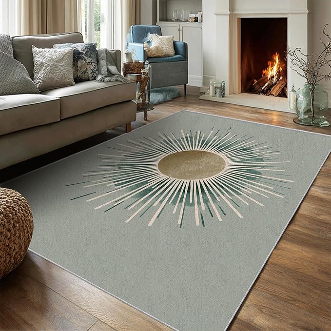 Sun Rug, 3x5 Area Rugs Boho Simple Minimalist Green Pattern for Entryway, Living Room, Bedroom, Sun Home Decor Accessories Indoor Carpet, Non Slip & Machine Washable