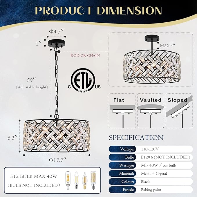 Black Crystal Chandelier, 18" Large Drum Ceiling Light, Modern 6-Light Crystal Pendant Lighting, Convertible Semi Flush Mount Hanging Fixture for Dining Room, Living Room, Bedroom, Kitchen, Hallway