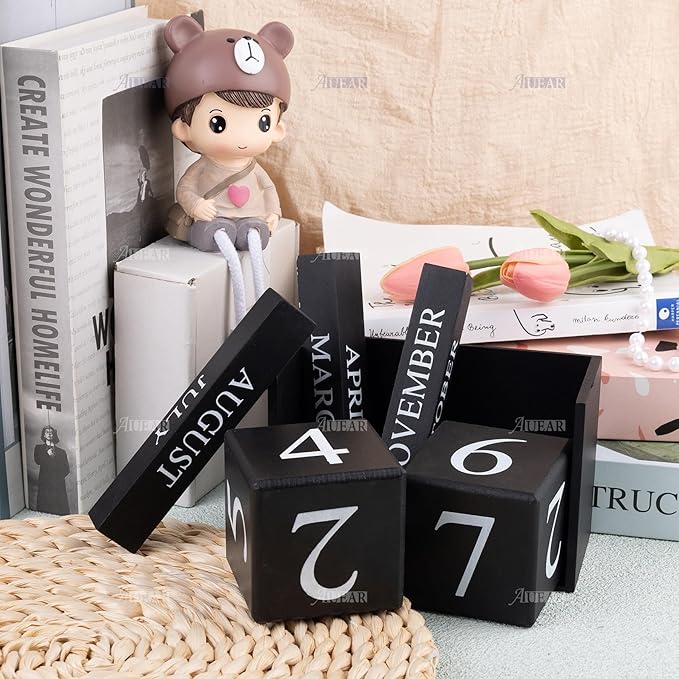 AUEAR, Wooden Block Perpetual Desk Calendar Desktop Cube Rustic Chic Number for Home Office Decoration Large (Black)
