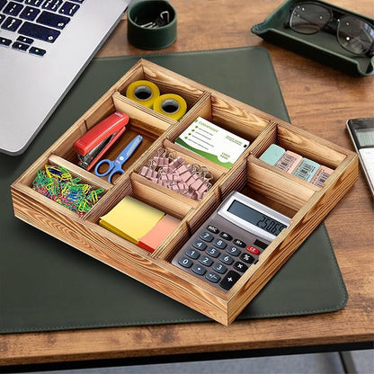 Desk Drawer Organizer Tray with 9 Adjustable Compartments, Wooden Office Desk Accessories Supplies Organization Storage for Desktop Bathroom Vanity Makeup 12" x 9" (Brown)