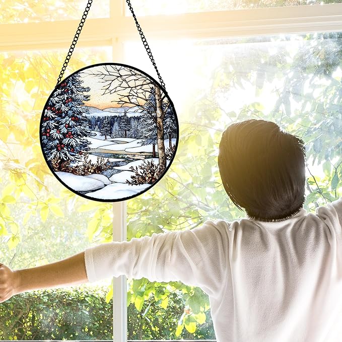 Stained Glass Window Hanging, Winter Snow Landscape Suncatcher Diamond Glass Panel Sun Catchers Decor for Birthday for Women, Men, Wife, Aunt, and Mom 9.8 in