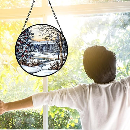 Stained Glass Window Hanging, Winter Snow Landscape Suncatcher Diamond Glass Panel Sun Catchers Decor for Birthday for Women, Men, Wife, Aunt, and Mom 9.8 in