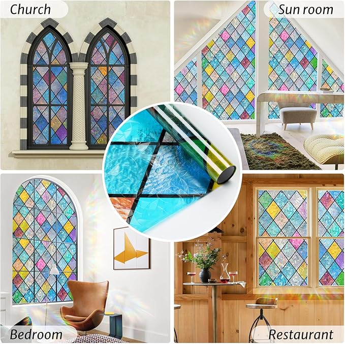 rabbitgoo Stained Glass Window Film Rainbow Film Decorative 3D Privacy Sticker Colorful Lattice Window Decals Cling, Sun Catcher Static Decals for Home 17.5"×157.4"