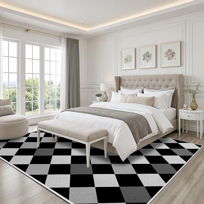 Black and White Rug 5x6, Rhombus Geometric Soft Ultra Soft Faux Wool Low Pile Rug, Indoor Floor Mats Carpet, Non-Slip Stain Resistant Washable Rugs, Modern Abstract Checkered Rugs for Living Room