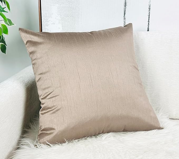 Aiking Home 18x18 Inches Faux Silk Square Throw Pillow Cover, Zipper Closure, Sand (Set of 2)
