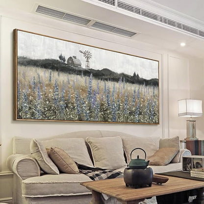 Large Framed Wall Art for Living Room Nature Wilderness Landscape Painting Vintage Canvas Print Rustic Farmhouse Scenery Picture Countryside Wildflower Field Meadow Windmill Barn Artwork 60"W x 30"H
