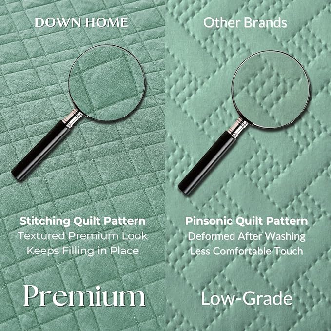 DOWN HOME Twin Quilt Set with Sham Lightweight Quilted Bedspread Coverlet Thin Comforter Bed Cover Vintage Washed Quilted Blanket for All Season, Brushed Microfiber Diamond Stitching, Green, 66"x92"