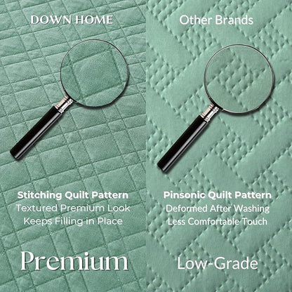 Queen Quilt Set with Shams Lightweight Quilted Bedspread Coverlet Thin Comforter Bed Cover Vintage Washed Quilted Blanket for All Season, Brushed Microfiber Diamond Stitching, Green, 88"x92"