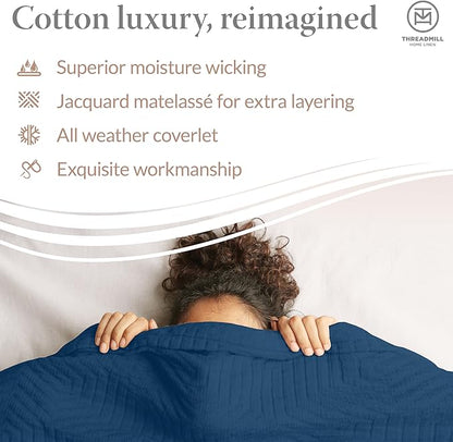 Threadmill Luxury Cotton Blankets for King Size Bed | All-Season Cozy 100% Cotton King Size Blanket | Aster Soft & Lightweight Coverlet fits California King Size Bed, 104x92 | Folkstone Blue