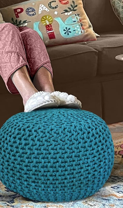 COTTON CRAFT Round Pouf - Hand Knitted Cotton Braid Cord Cable Dori Floor Pouf - Foot Stool - Ottoman Footrest Accent Seat Furniture Bean Bag - Living Room Kids Room Nursery Dorm Décor - 20x14 - Teal