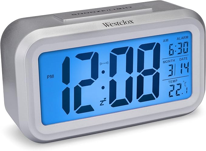 Westclox Alarm Clock with Large Digital Display and Blue Backlight on Demand, Westclox Alarm Clock, Month/Date and Temperature Display with Ascending 5 Minute Snooze Alarm, Silver