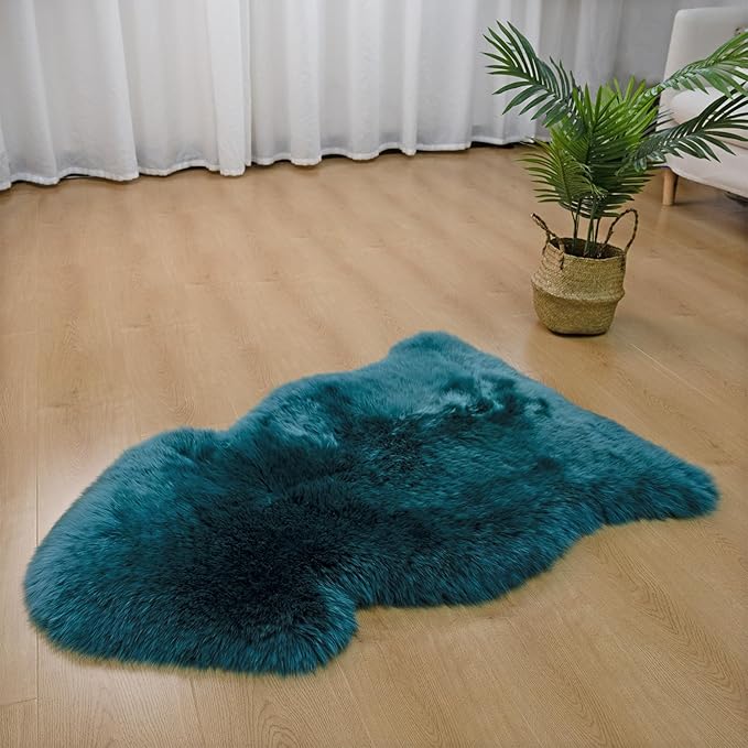Genuine Sheepskin Rug New Zealand Luxury Lambskin Rug, Natural Fluffy Sheepskin Throw for Bedroom Living Room Children's Room - Premium Area Rug Chair Cover (2×3 Feet, Dark Teal Blue)