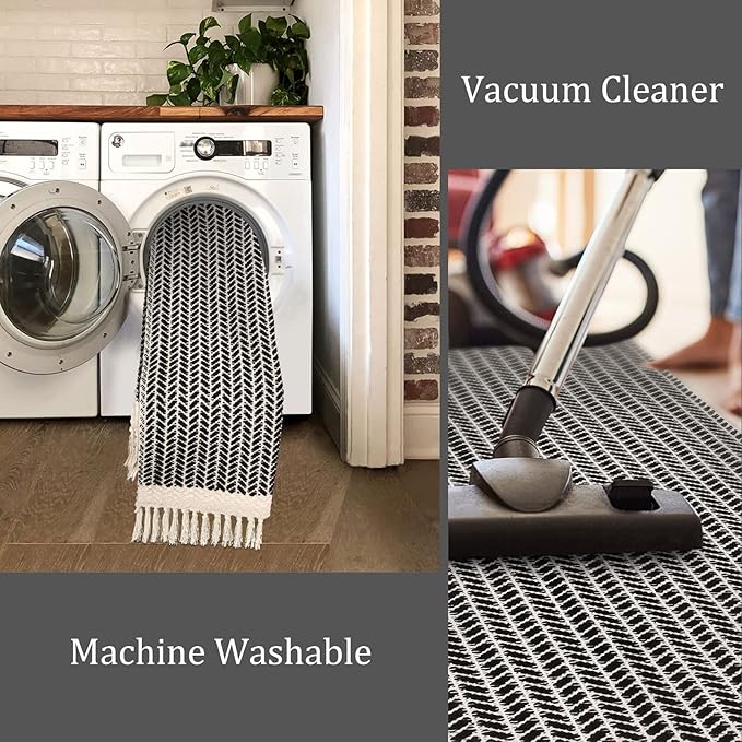 Lahome Boho Kitchen Runner, 2x4.3 Bathroom Runner Rugs Lightweight Entryway Rug Woven Cotton Throw Mat with Tassels, Farmhouse Non Shedding Washable Black Rug Low Pile Runners for Bedroom Doorway
