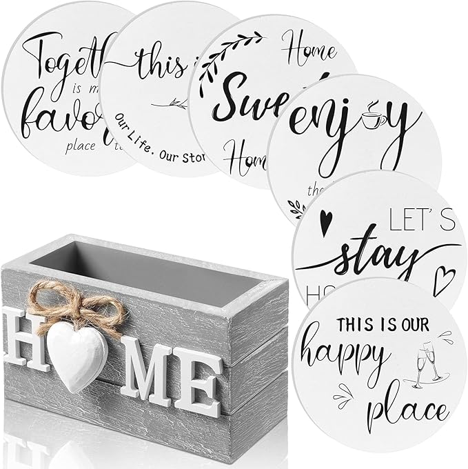 Queekay Coasters Set of 6 House Warming Gifts New Home Wooden Farmhouse Drink Coasters with Holder 4'' Funny Decoration for Kitchen Family Coffee Bar Tabletop Protection(White,Gray)