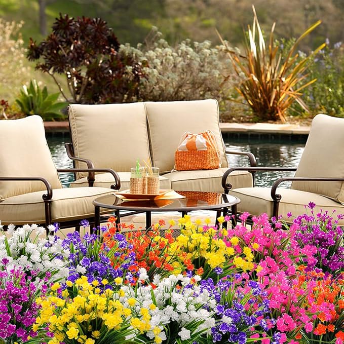 Artificial Flowers, 20 Bundles Outdoor Fake Flowers for Decoration UV Resistant Faux Plastic Plants Garden Porch Window Box Décor (Purple)