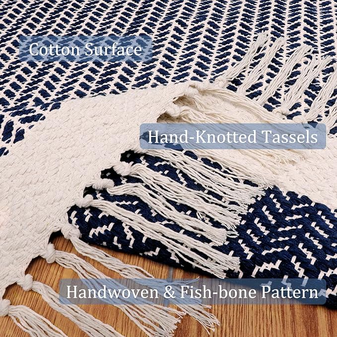 Lahome Boho Bathroom Rugs, Small 2x3 Front Door Mat Lightweight Entryway Rug Woven Cotton Area Rug with Tassels, Farmhouse Non Shedding Washable Blue Throw Rug Low Pile Carpet for Entry Laundry