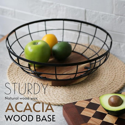 Fruit Basket,black Wire Basket with Acacia Wood Base,large Fruit Bowl for Countertop,black Baskets for Fruits, Breads, Vegetables Storage. (12-inch)