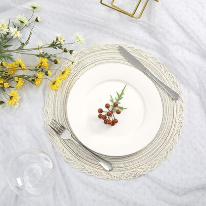 SHACOS 15 inch Round Braided Placemats Set of 12 for Dining Table Woven Boho Place Mats Kitchen Placemat Washable Table Mats, Ivory Bordered