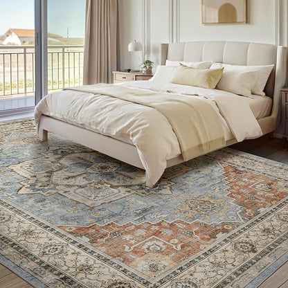 Area Rugs for Living Room 6x9 - Machine Washable Vintage Oriental Soft Rug, Low Pile Thin Floor Carpet with Non Slip Backing for Bedroom, Dorm, Under Dining Room Table, Indoor House, Office Decor
