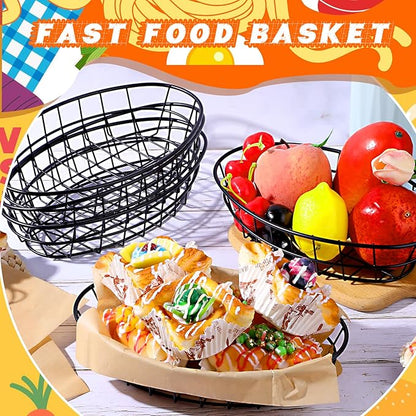 Tobeelec 6 Pcs Modern Elegant Black Oval Metal Wire Bread Basket, 9.6 x 6.2 x 2.2 Inch, Reusable, Durable & Rust-Resistant, Ideal for Bread, Pizza & More