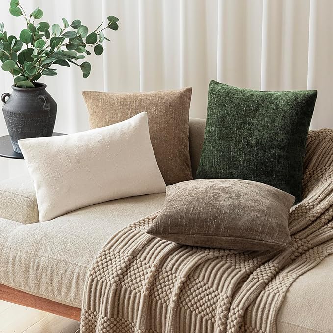 Foindtower Pack of 2 Soft Textured Chenille Throw Decorative Pillow Covers Square Accent Solid Cushion Cover Neutral Farmhouse Pillow Case for Couch Sofa Bedroom Living Room 22x22 Inch,Dark Green